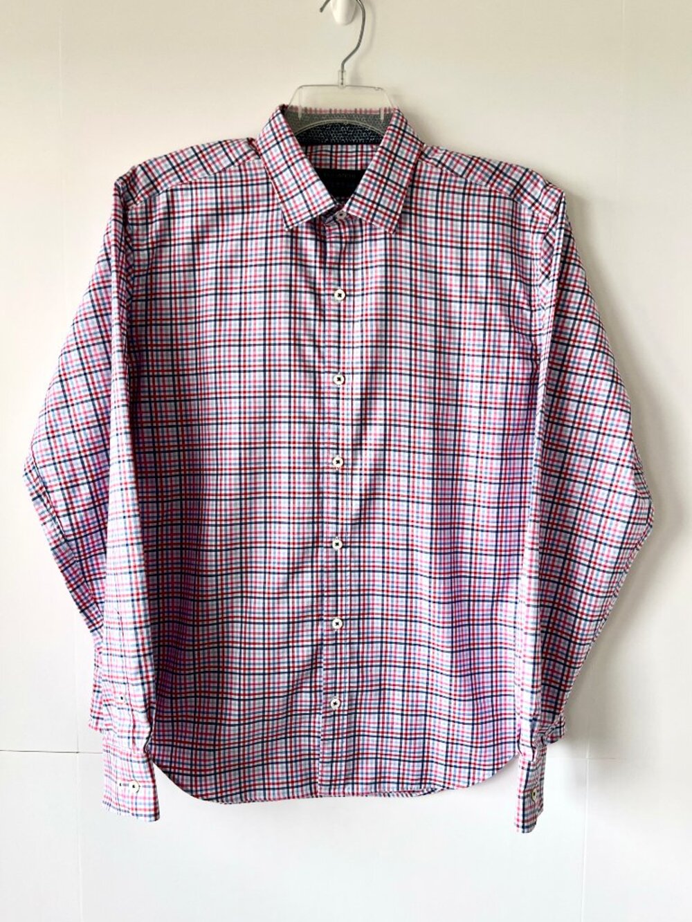 Bugatchi Shirt Button Down Long Sleeve, Shaped Fit, White Plaid, Size Large, EC!